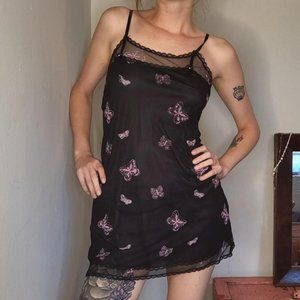 Sz S, Pucker Up, 2000s butterfly pink/purple black slip dress